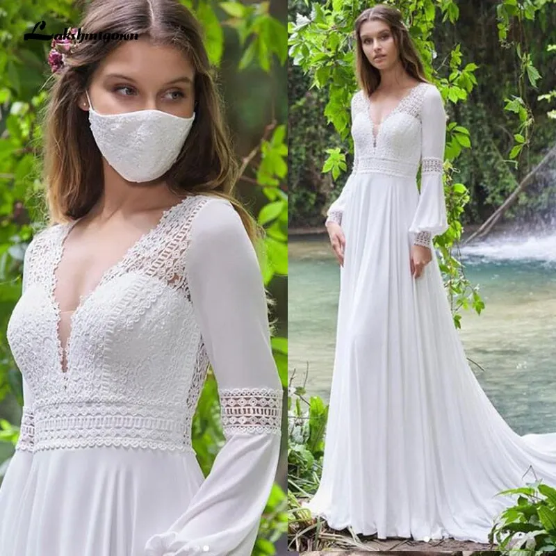 Roycebridal Vintage Long Puff Sleeves Wedding Dress Lace And Chiffon A Line Bride Gowns Backless Sexy Boho Bridal Dress New  Arrival
