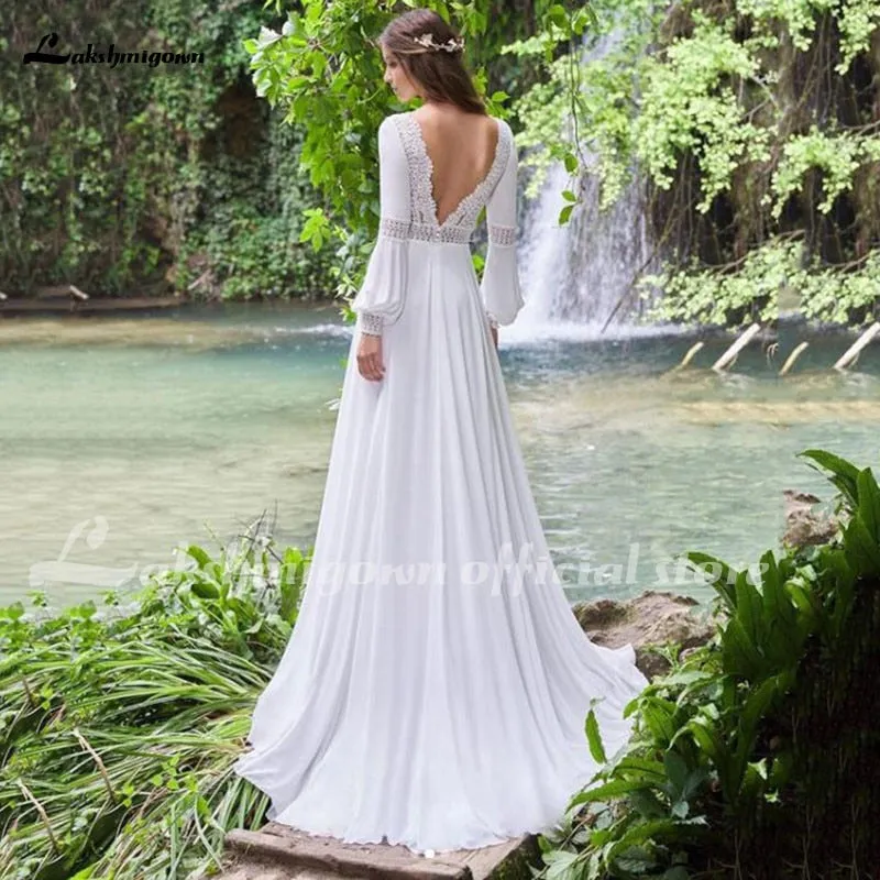 Roycebridal Vintage Long Puff Sleeves Wedding Dress Lace And Chiffon A Line Bride Gowns Backless Sexy Boho Bridal Dress New  Arrival