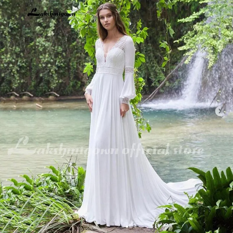 Roycebridal Vintage Long Puff Sleeves Wedding Dress Lace And Chiffon A Line Bride Gowns Backless Sexy Boho Bridal Dress New  Arrival
