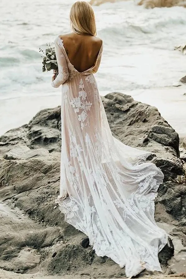 Roycebridal Wonderful Backless A-line Long Sleeves Wedding Dress Boho Bridal Gowns,MW448