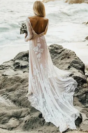 Roycebridal Wonderful Backless A-line Long Sleeves Wedding Dress Boho Bridal Gowns,MW448