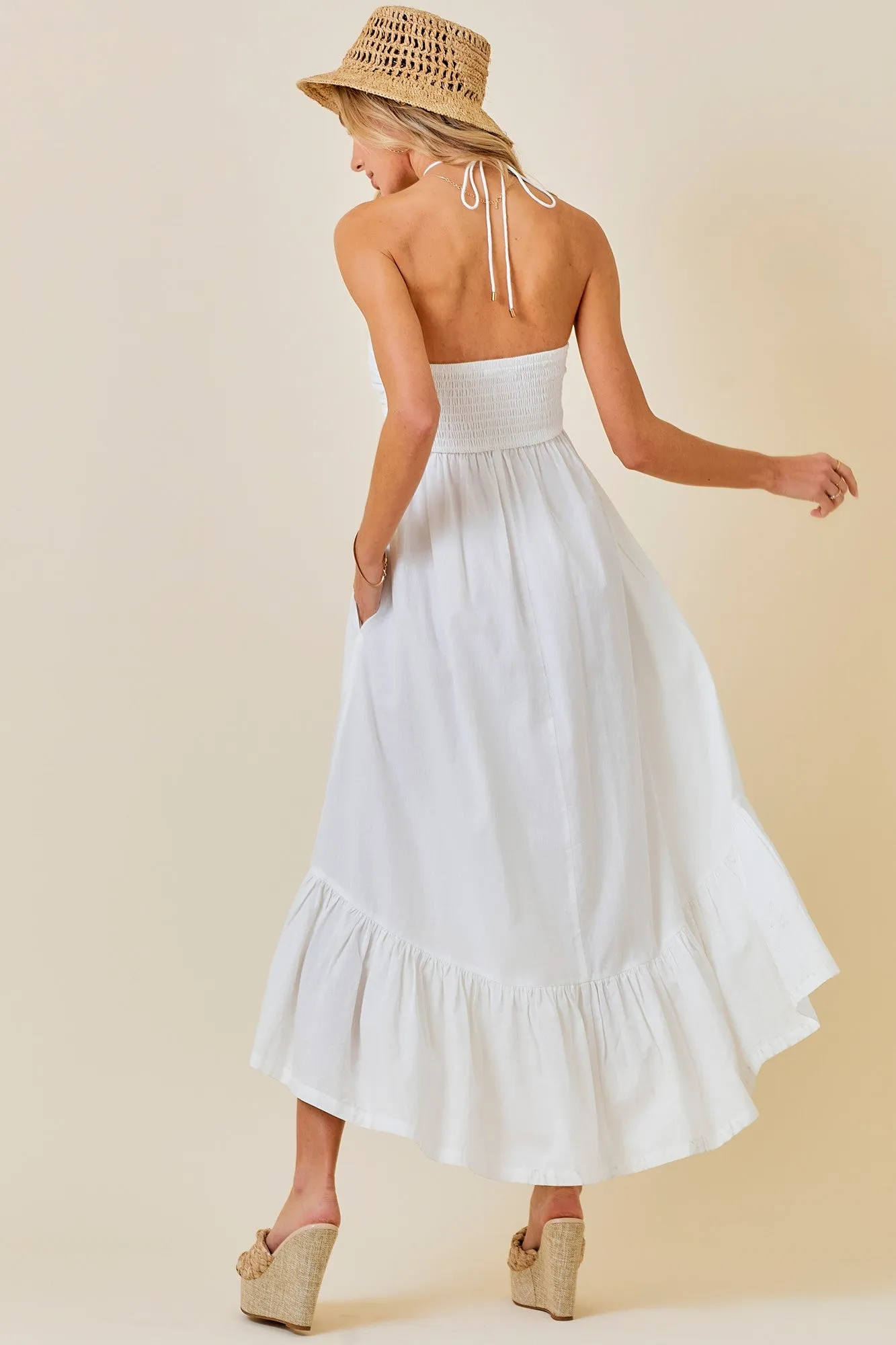RUCHED HALTER MIDI DRESS WITH RUFFLE HEM
