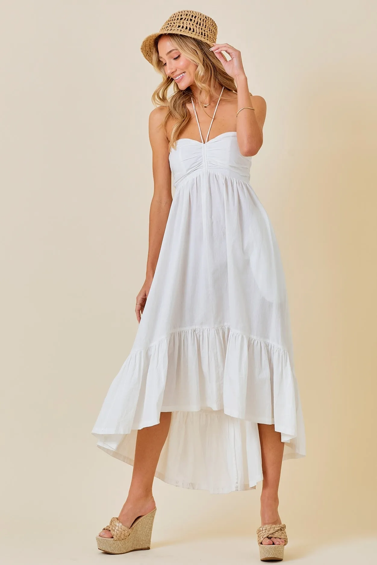 RUCHED HALTER MIDI DRESS WITH RUFFLE HEM