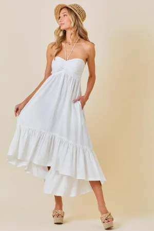 RUCHED HALTER MIDI DRESS WITH RUFFLE HEM