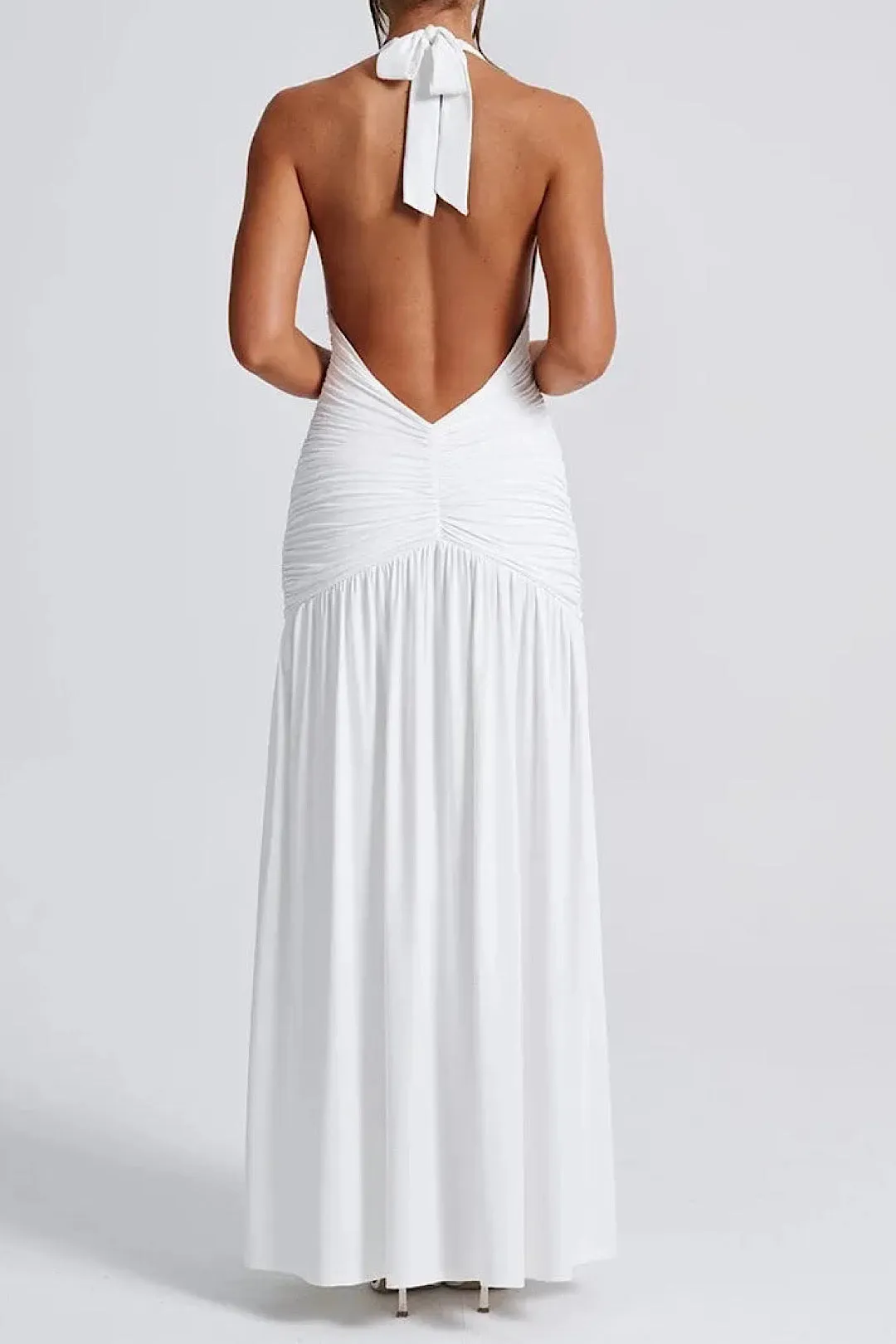 Ruched Halter V-Neck Dress