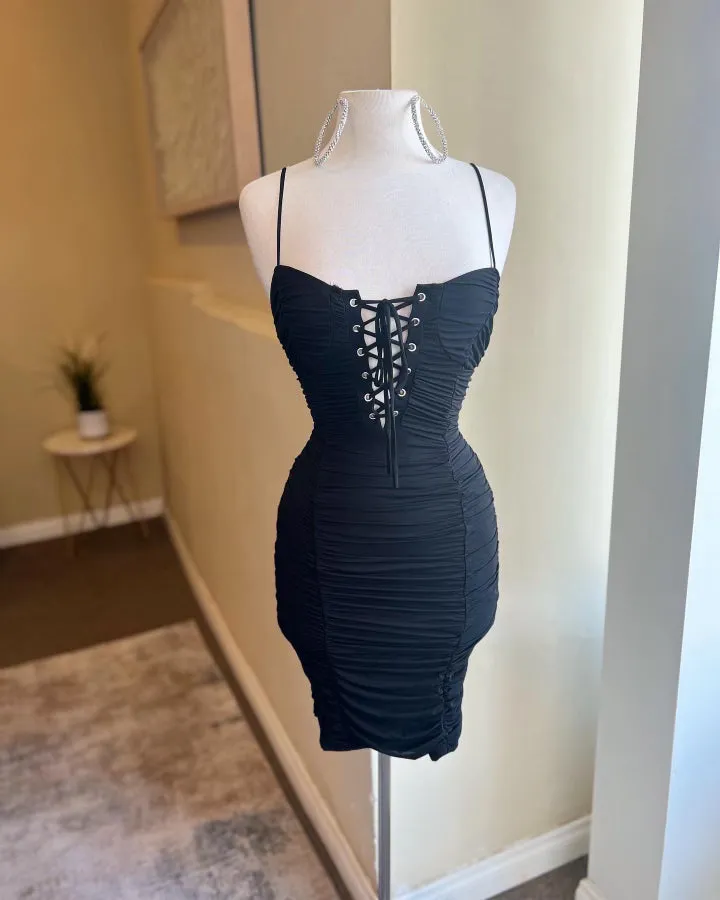 Ruched Lace Zipper Dress