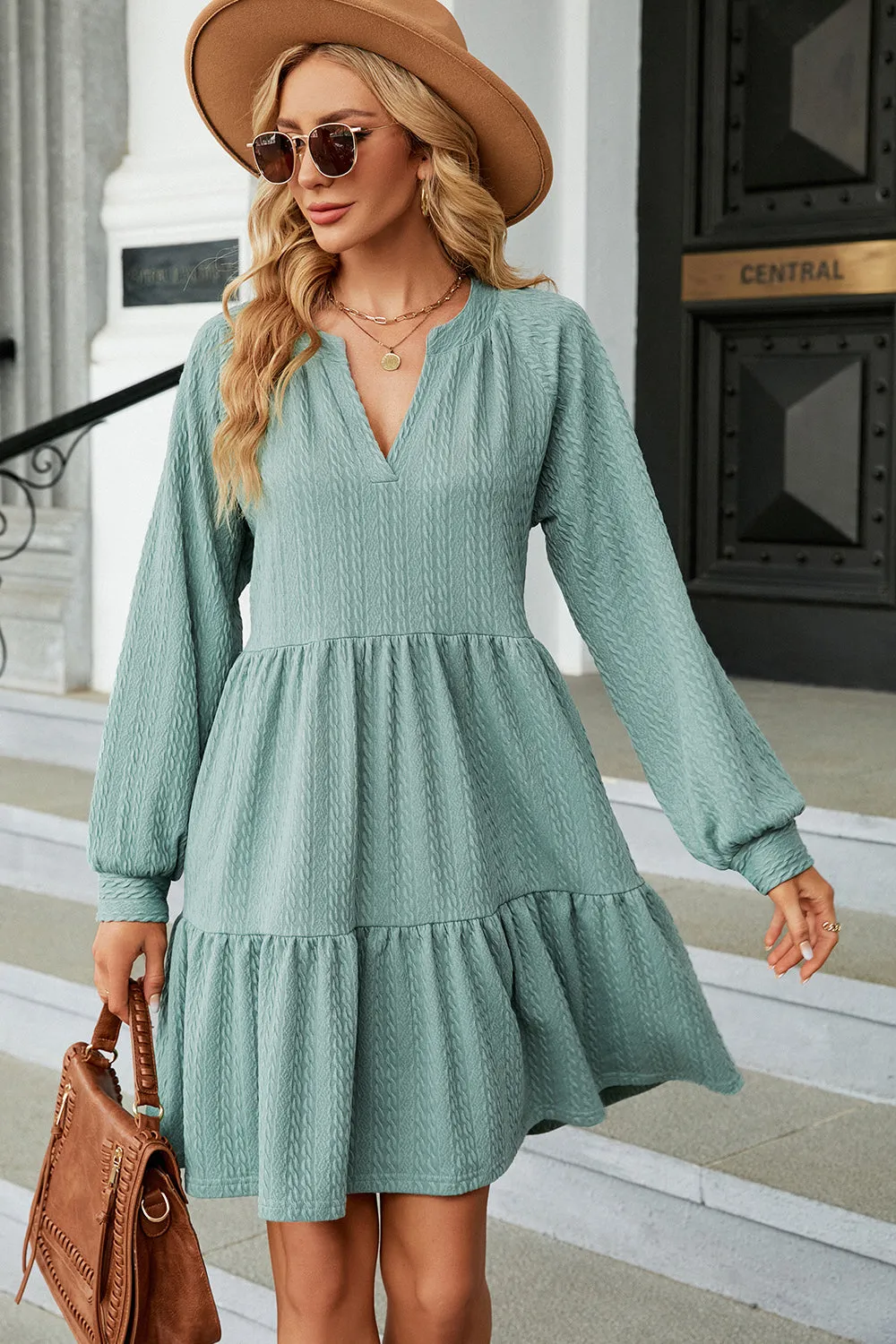 Ruched Notched Long Sleeve Mini Dress (6 Colors)
