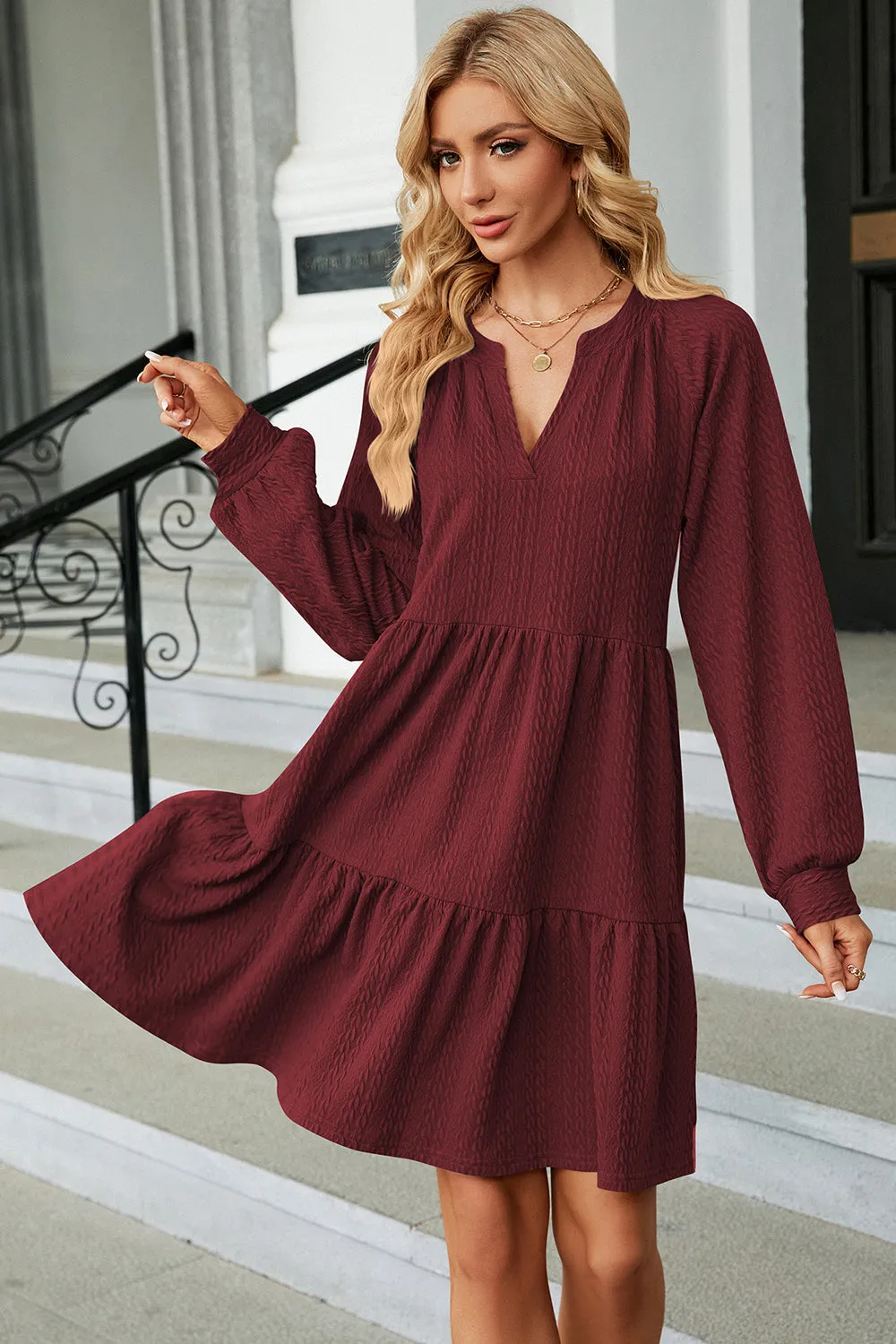 Ruched Notched Long Sleeve Mini Dress (6 Colors)