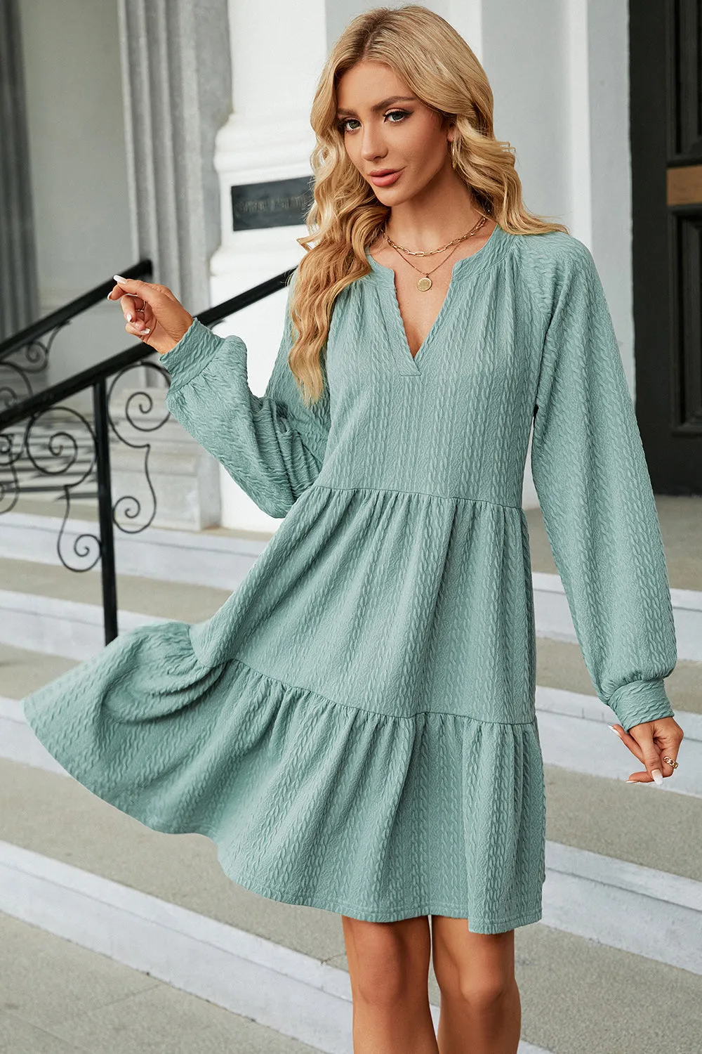 Ruched Notched Long Sleeve Mini Dress (6 Colors)
