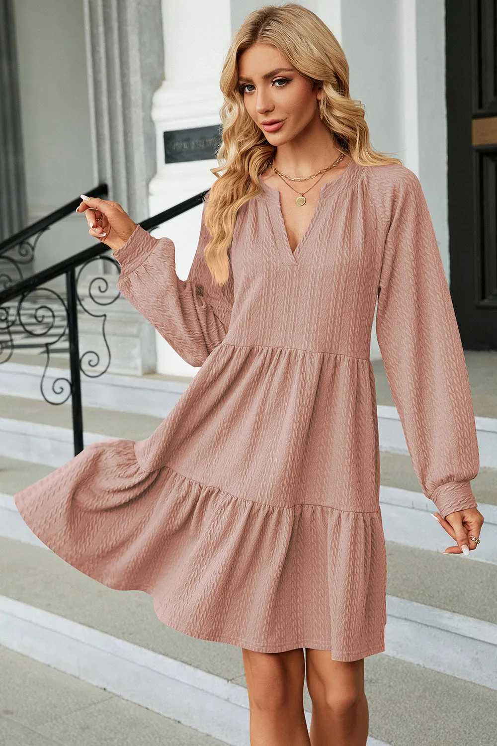 Ruched Notched Long Sleeve Mini Dress (6 Colors)