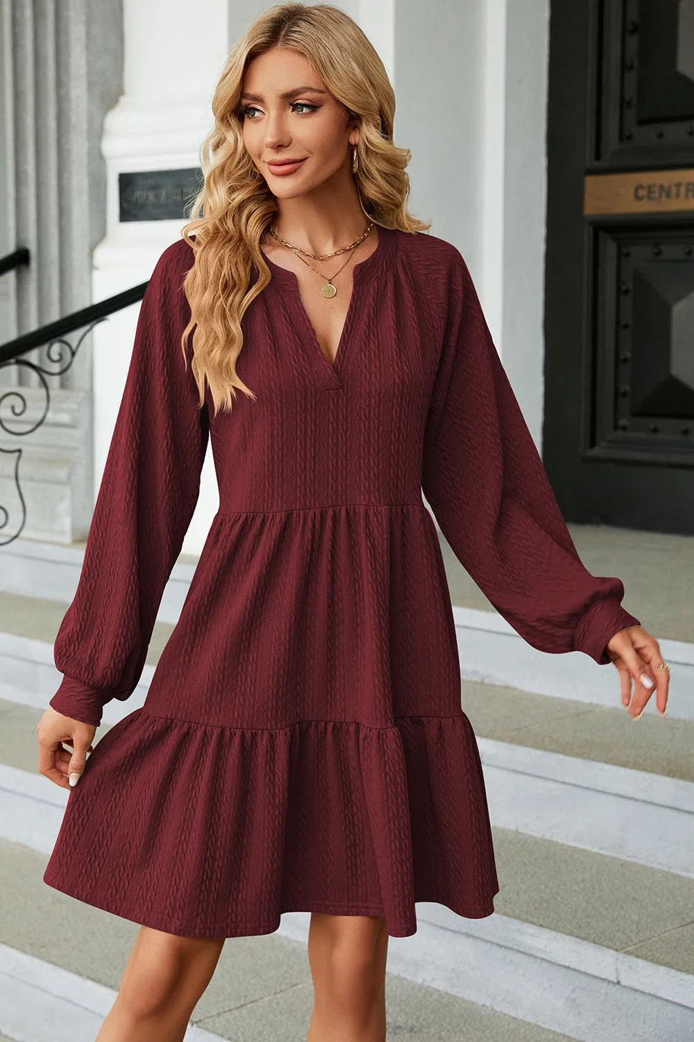 Ruched Notched Long Sleeve Mini Dress (6 Colors)