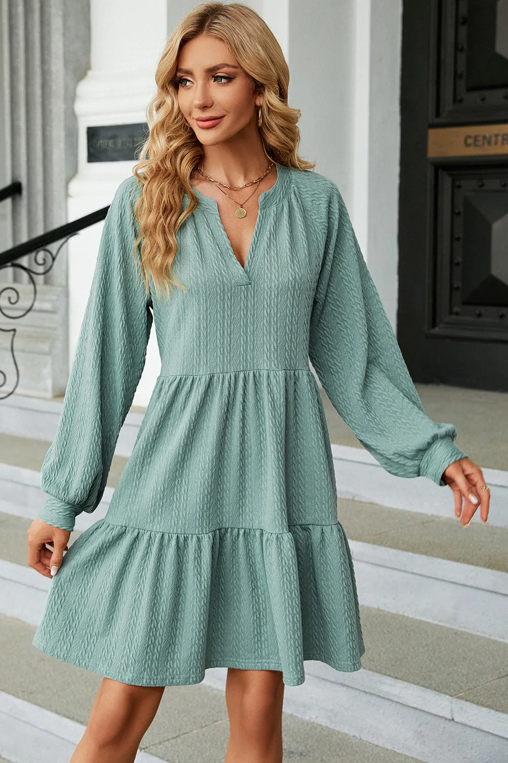 Ruched Notched Long Sleeve Mini Dress (6 Colors)