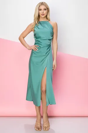 Ruched Satin Midi Dress