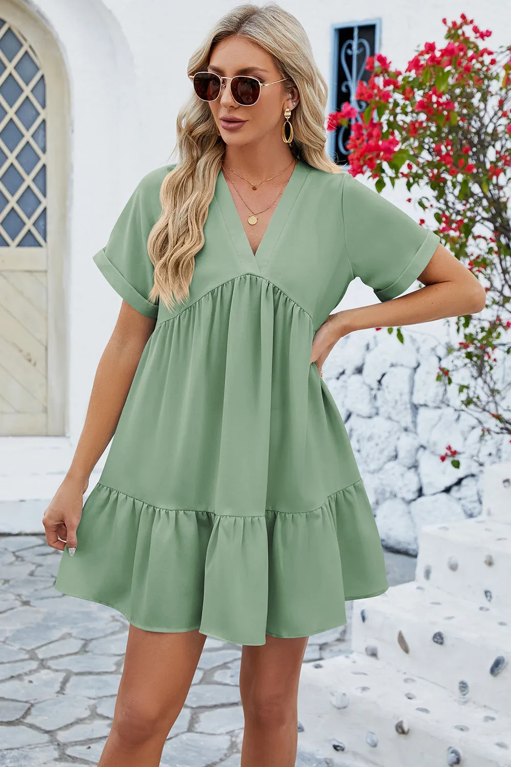 Ruched Tiered V-Neck Short Sleeve Mini Dress (5 Colors)