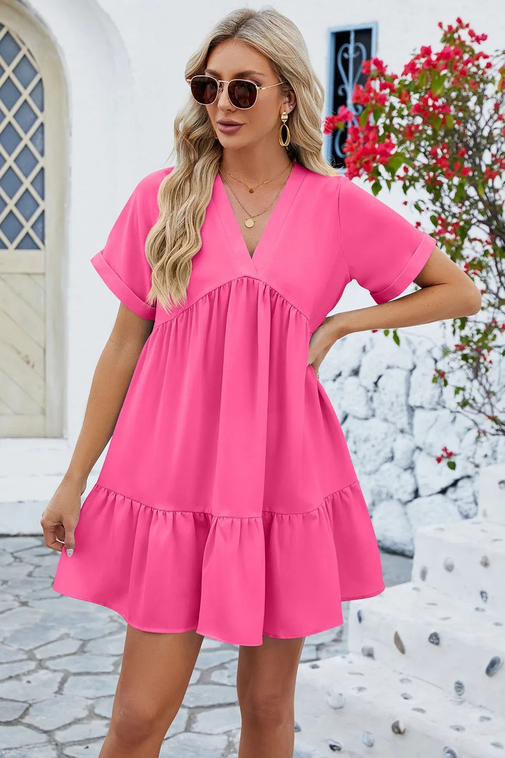 Ruched Tiered V-Neck Short Sleeve Mini Dress (5 Colors)