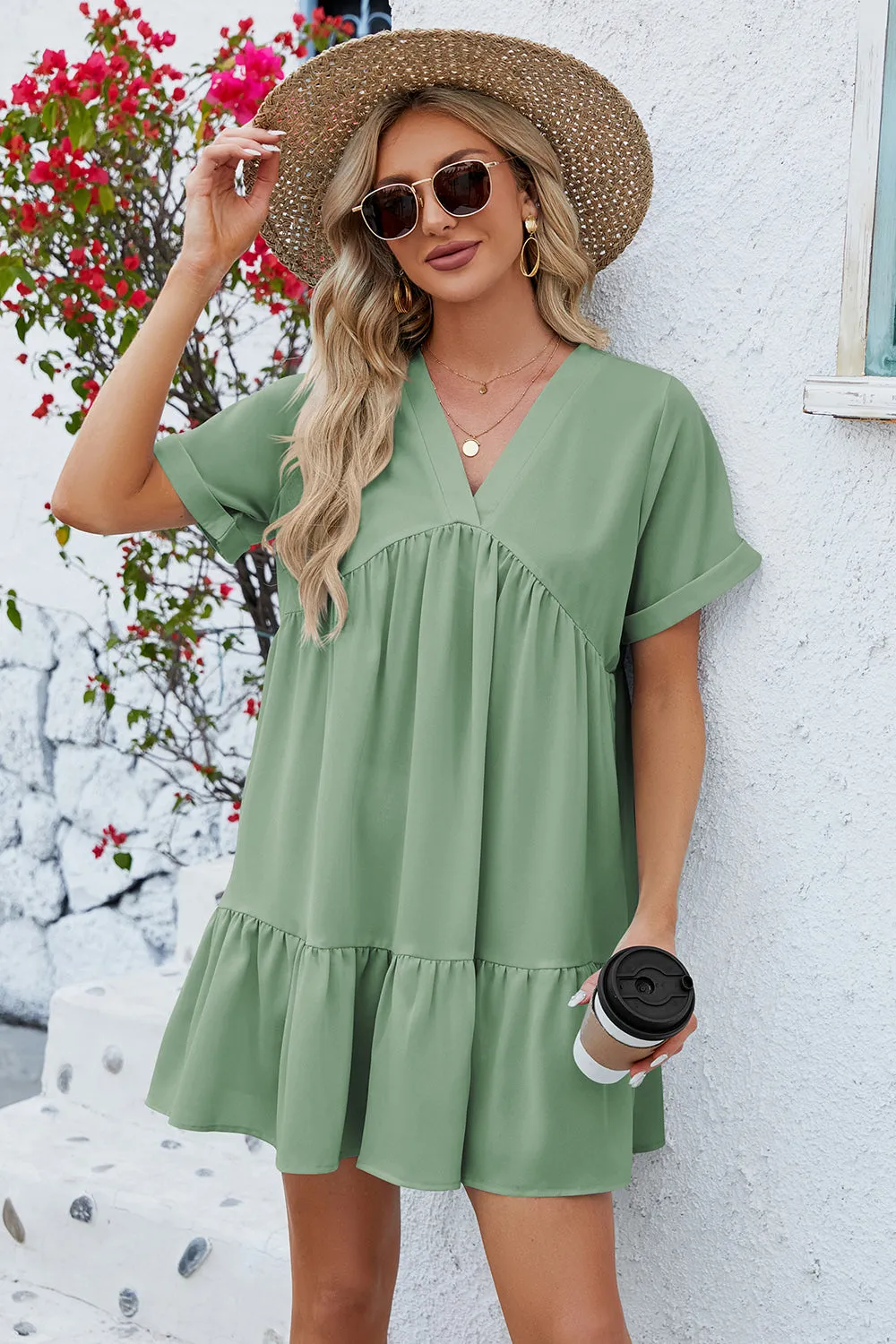 Ruched Tiered V-Neck Short Sleeve Mini Dress (5 Colors)