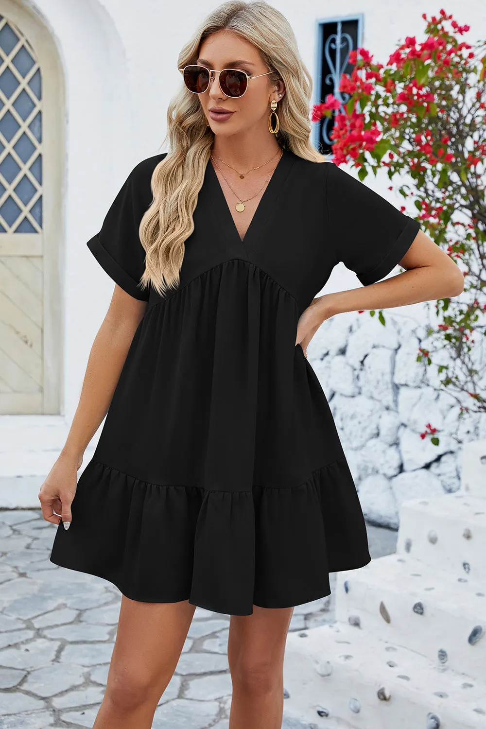 Ruched Tiered V-Neck Short Sleeve Mini Dress (5 Colors)