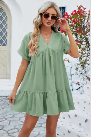 Ruched Tiered V-Neck Short Sleeve Mini Dress (5 Colors)