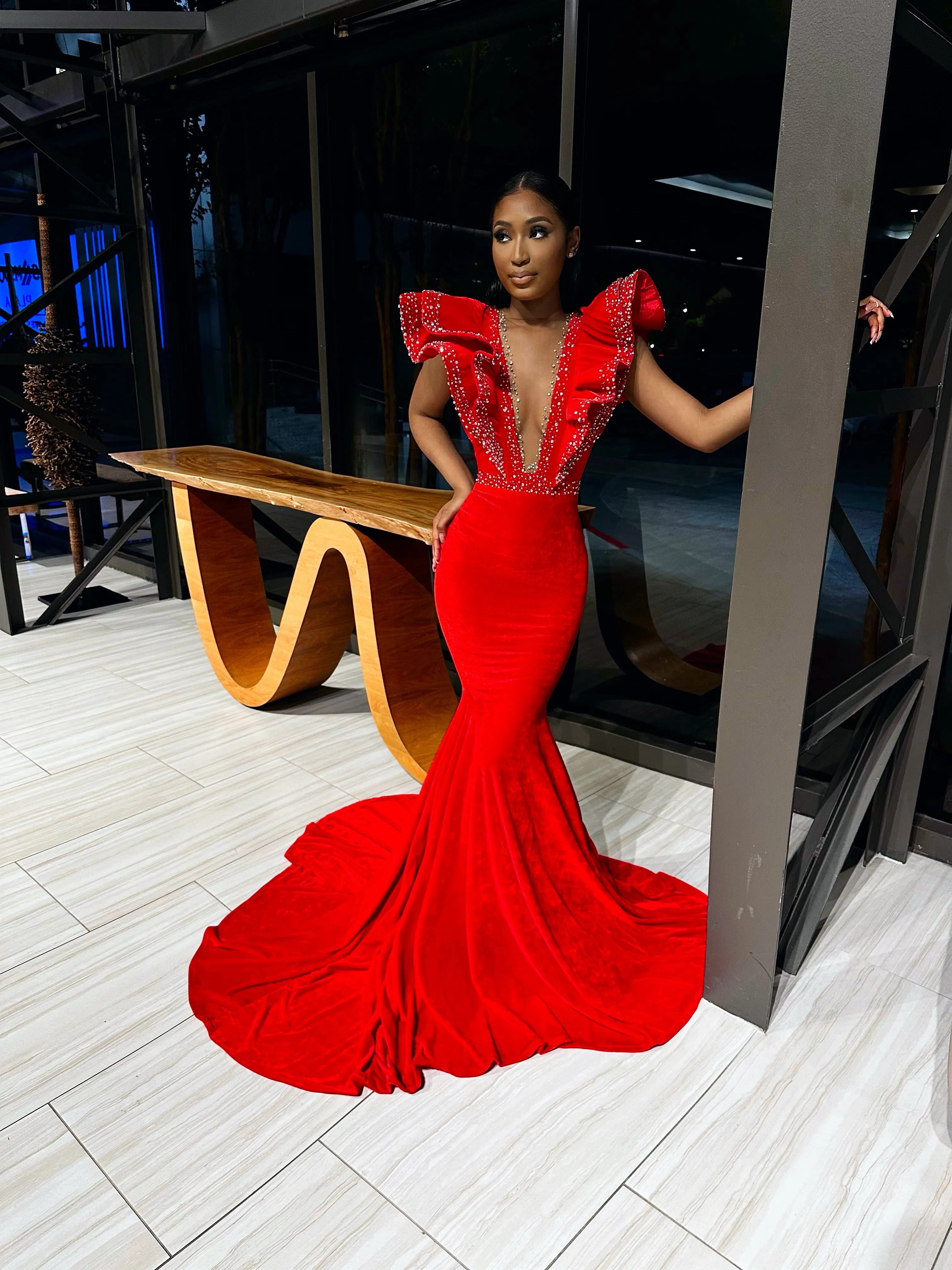Ruffle Shoulder Velvet Mermaid Gown w/ Beaded Detail