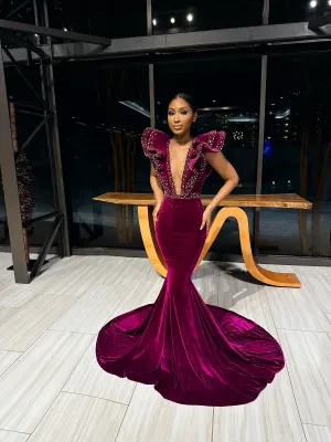 Ruffle Shoulder Velvet Mermaid Gown w/ Beaded Detail