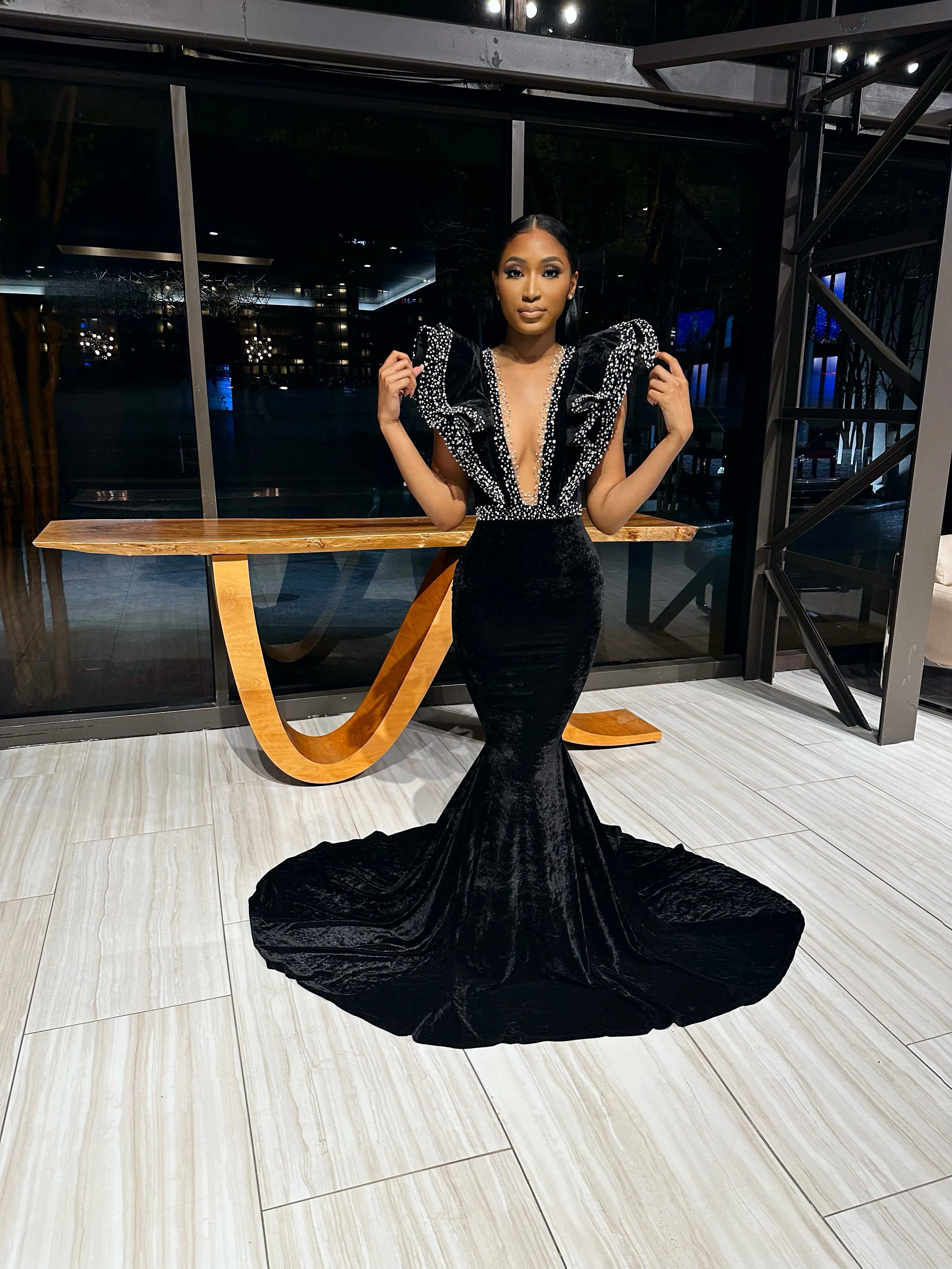 Ruffle Shoulder Velvet Mermaid Gown w/ Beaded Detail