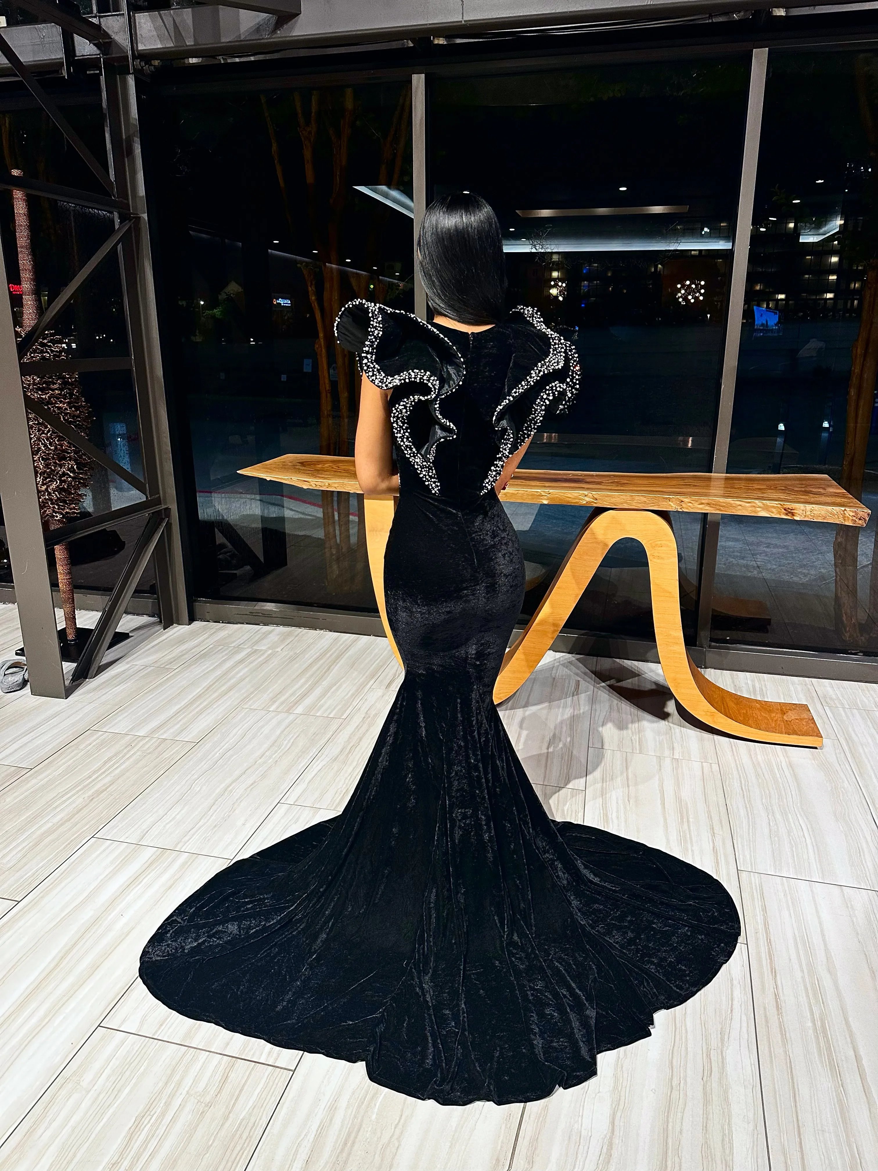 Ruffle Shoulder Velvet Mermaid Gown w/ Beaded Detail