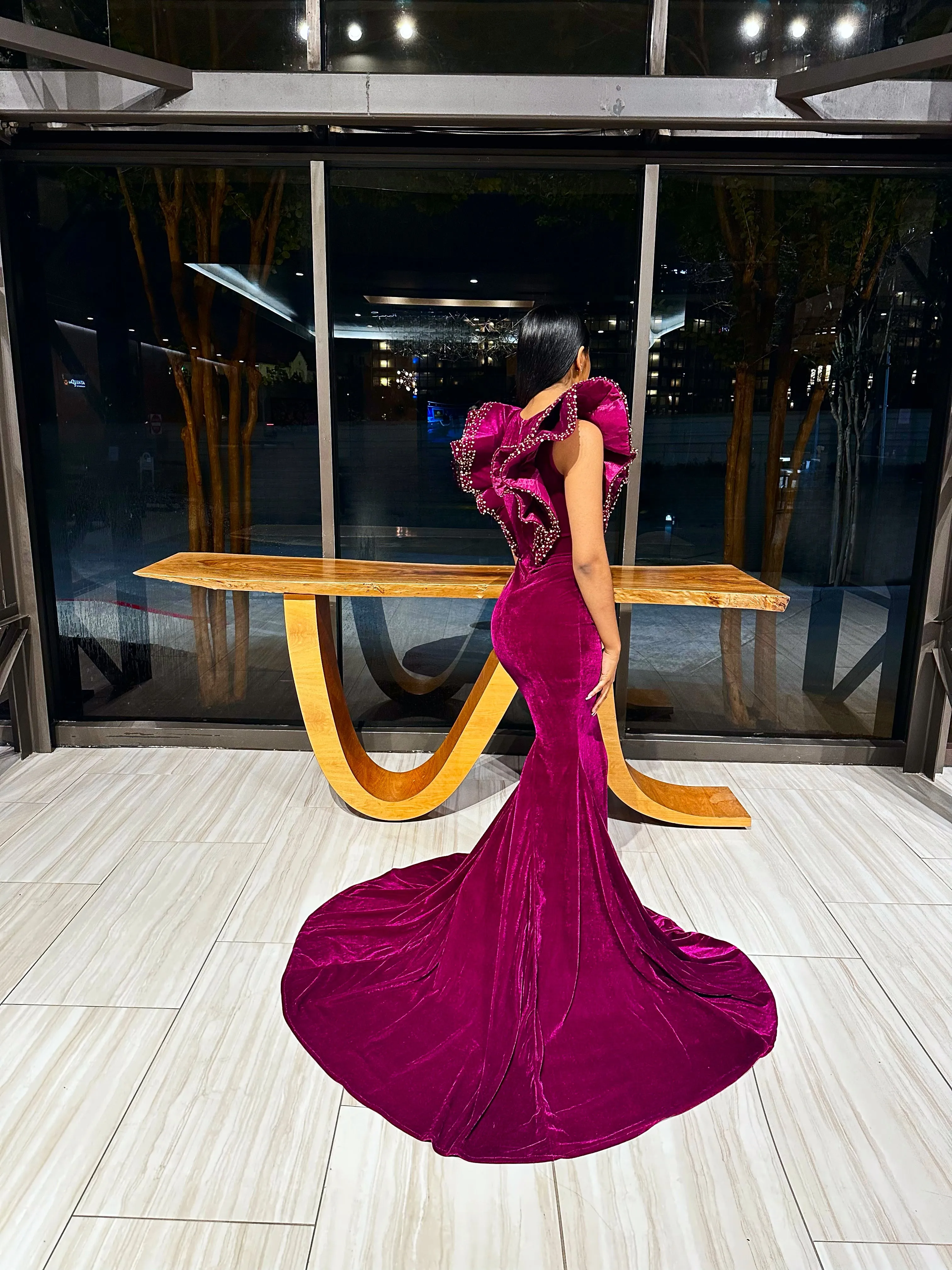 Ruffle Shoulder Velvet Mermaid Gown w/ Beaded Detail