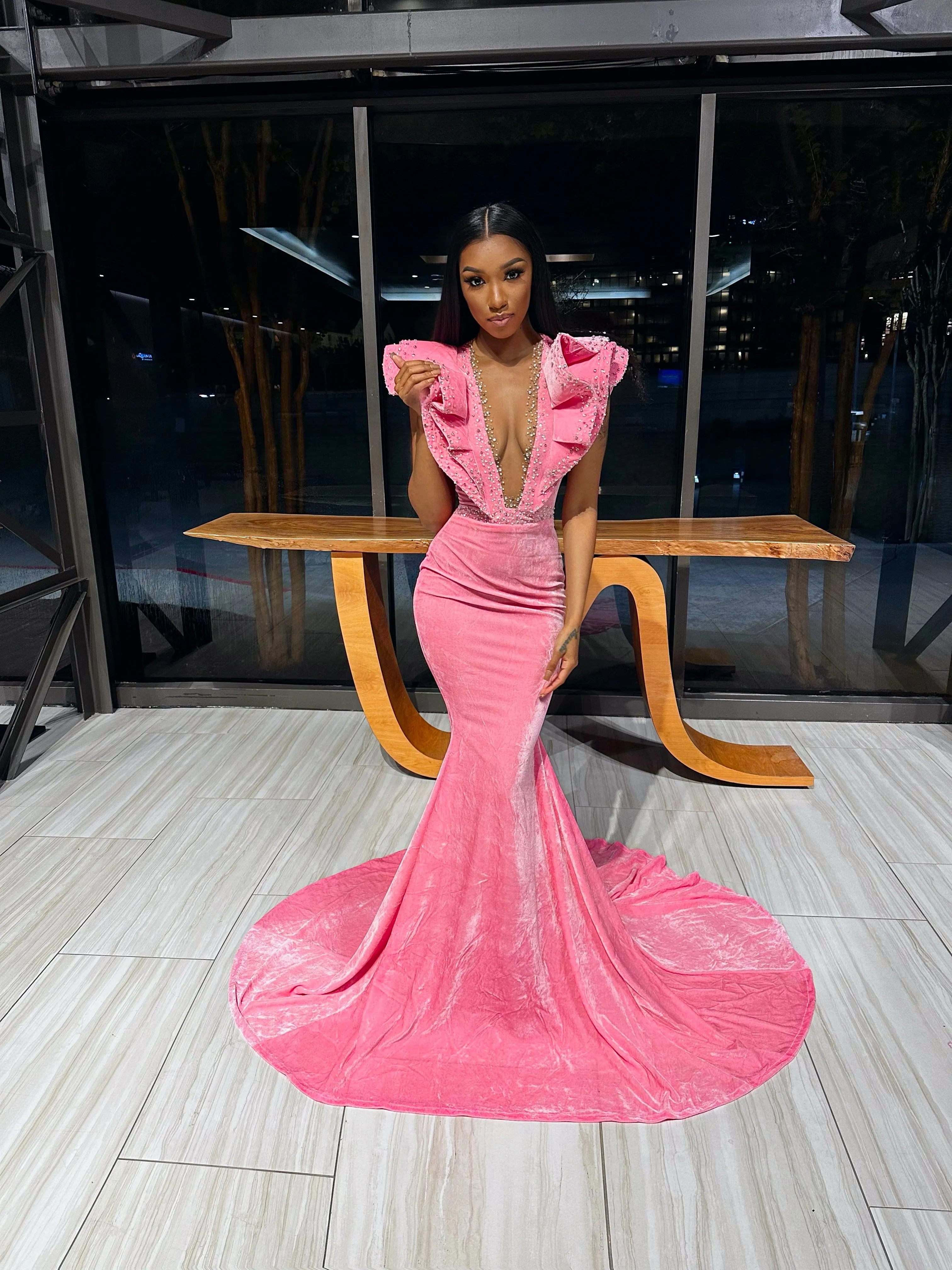 Ruffle Shoulder Velvet Mermaid Gown w/ Beaded Detail