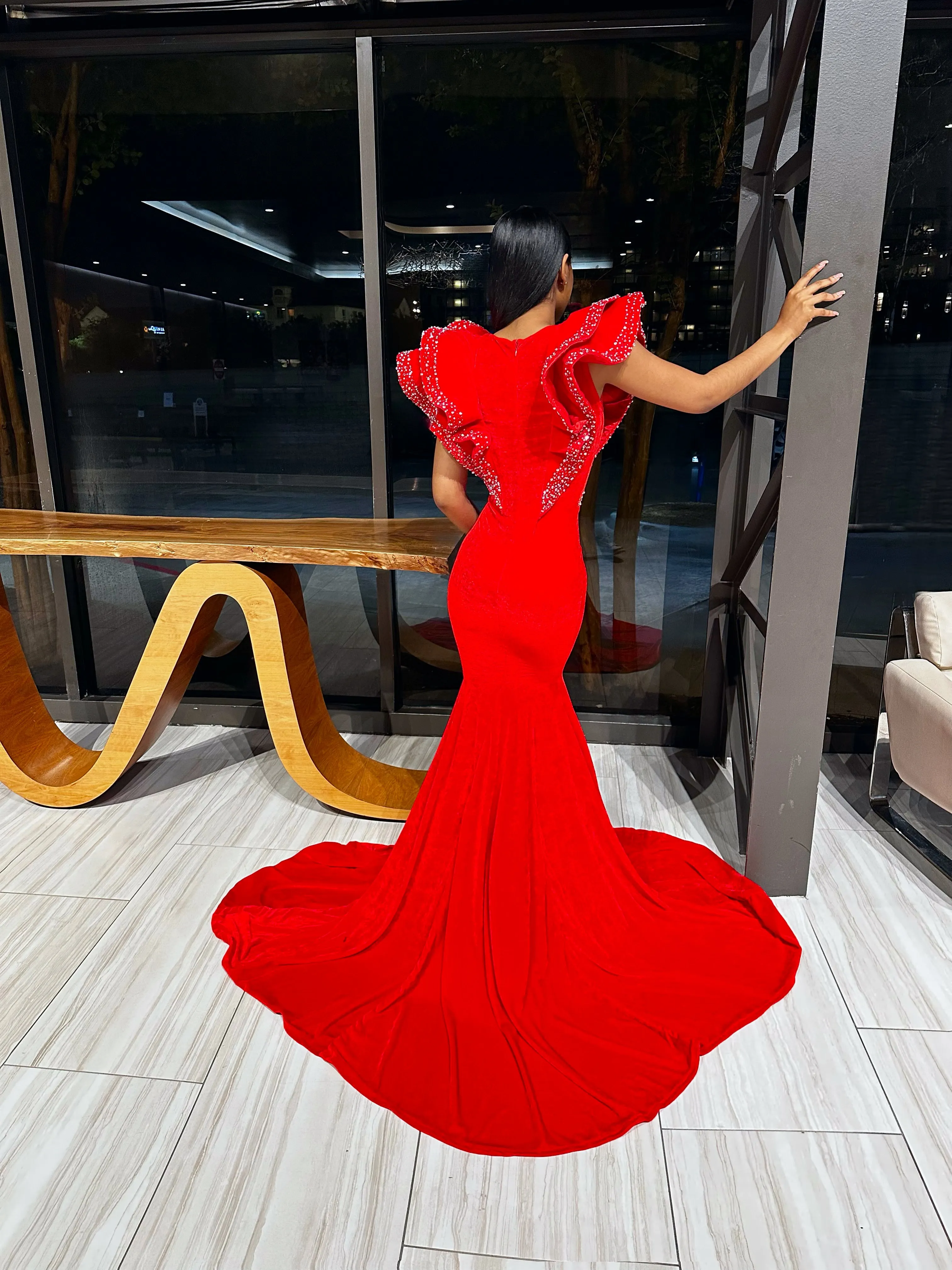 Ruffle Shoulder Velvet Mermaid Gown w/ Beaded Detail