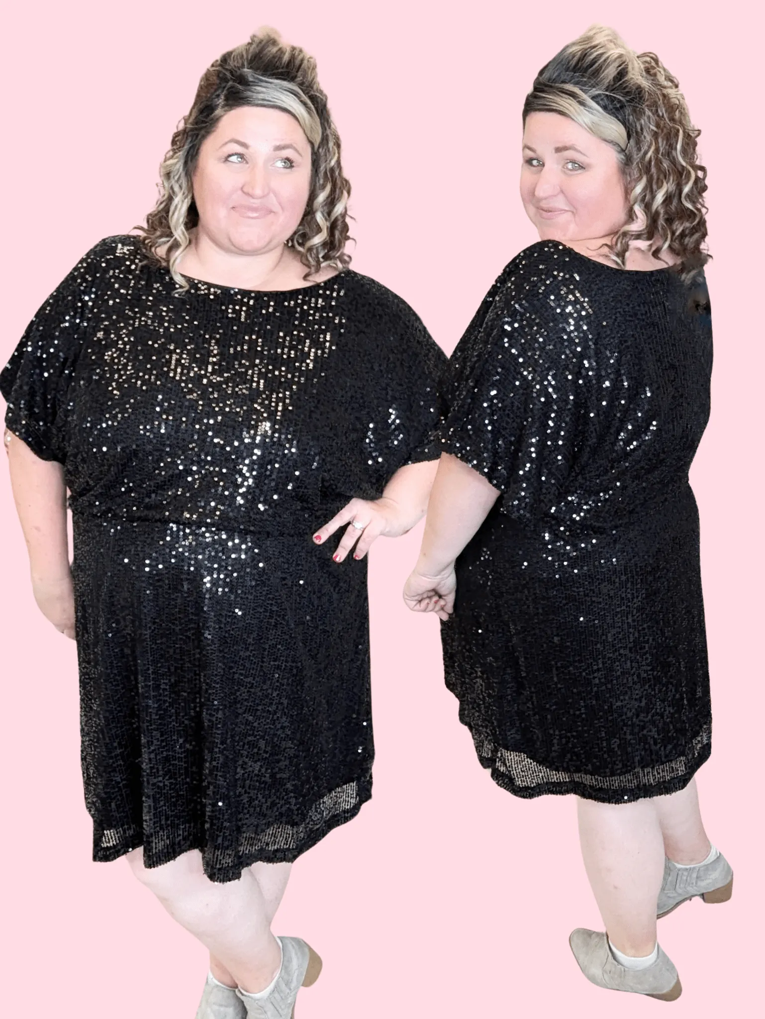 SALE- Cressida Boatneck Dress w/Stretch Waist in Black Sequin