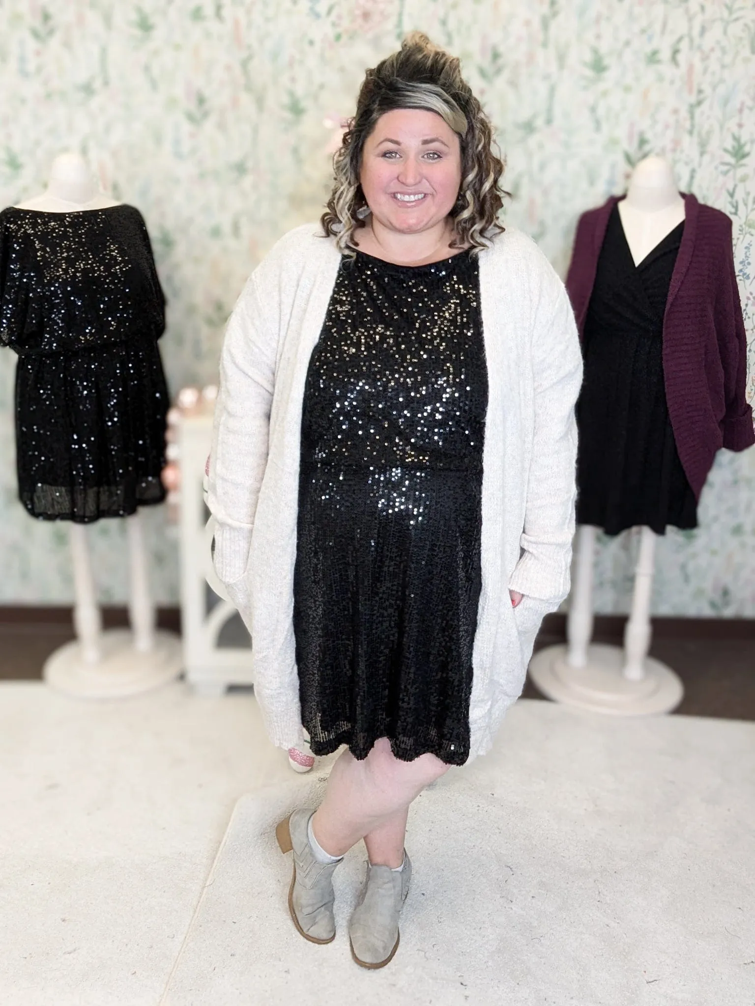SALE- Cressida Boatneck Dress w/Stretch Waist in Black Sequin