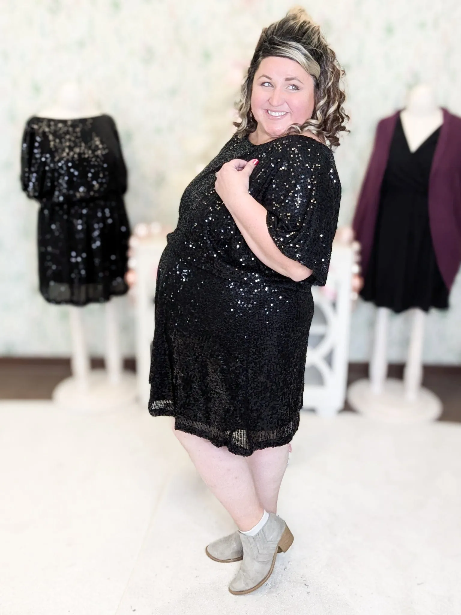 SALE- Cressida Boatneck Dress w/Stretch Waist in Black Sequin