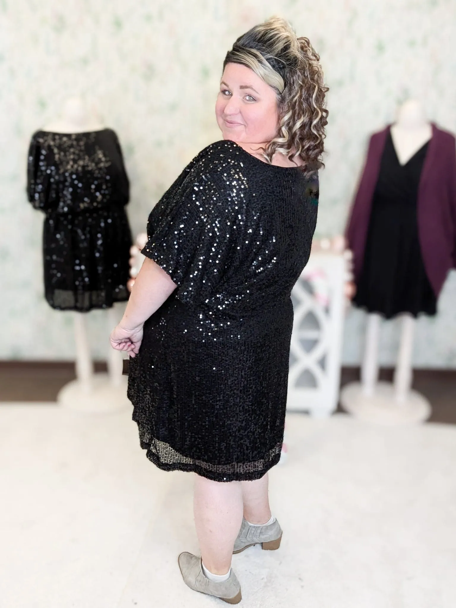SALE- Cressida Boatneck Dress w/Stretch Waist in Black Sequin