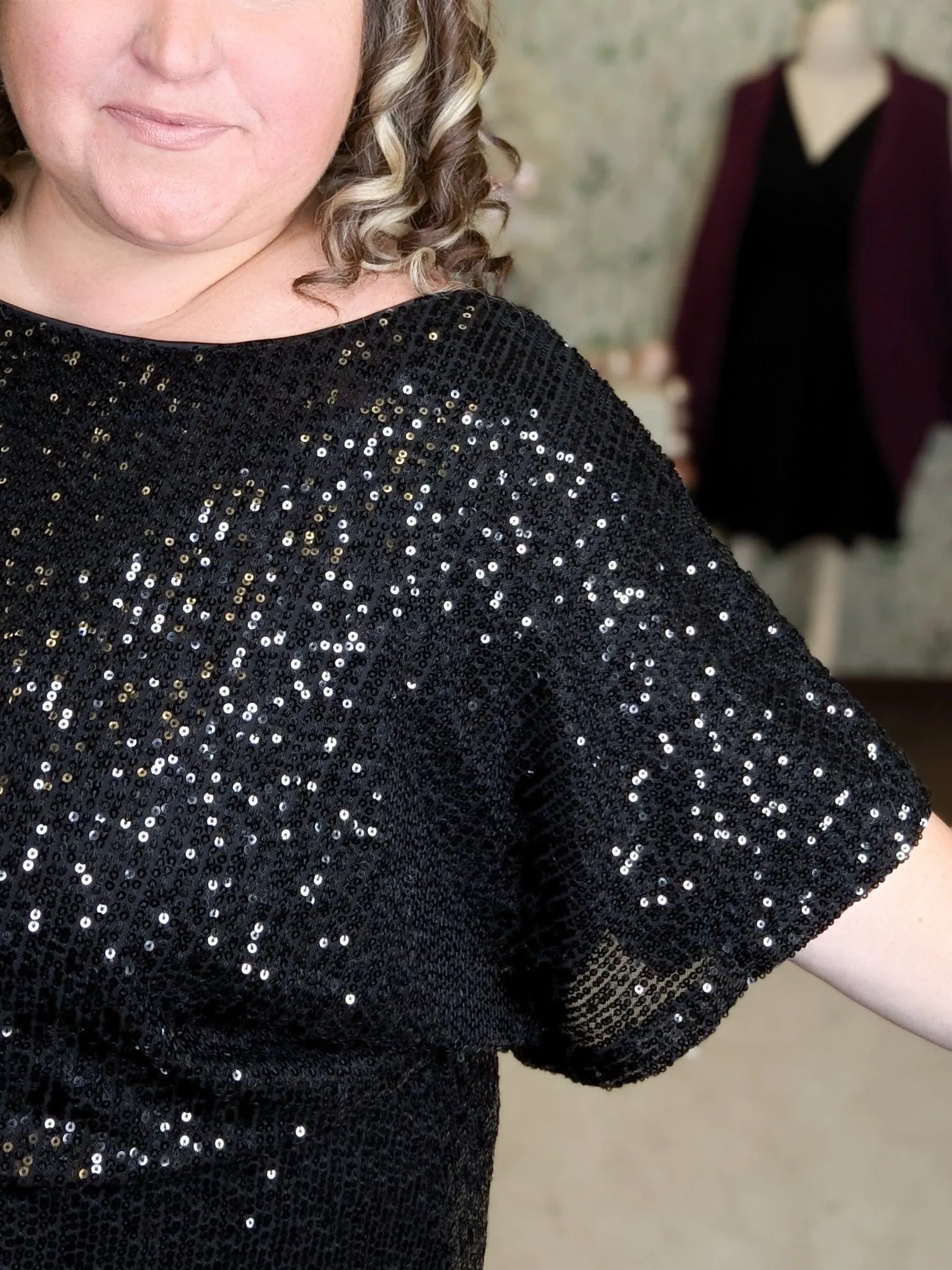 SALE- Cressida Boatneck Dress w/Stretch Waist in Black Sequin