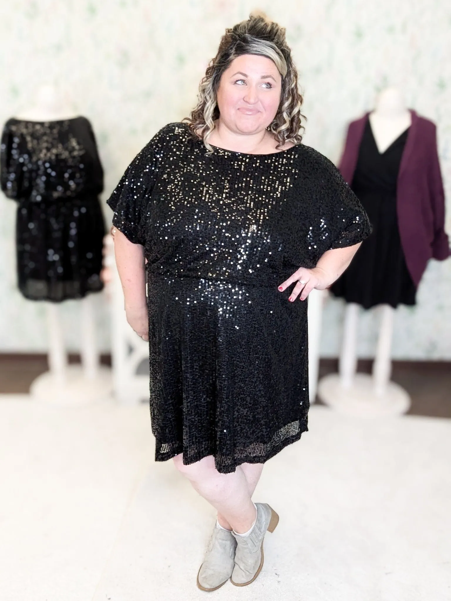SALE- Cressida Boatneck Dress w/Stretch Waist in Black Sequin