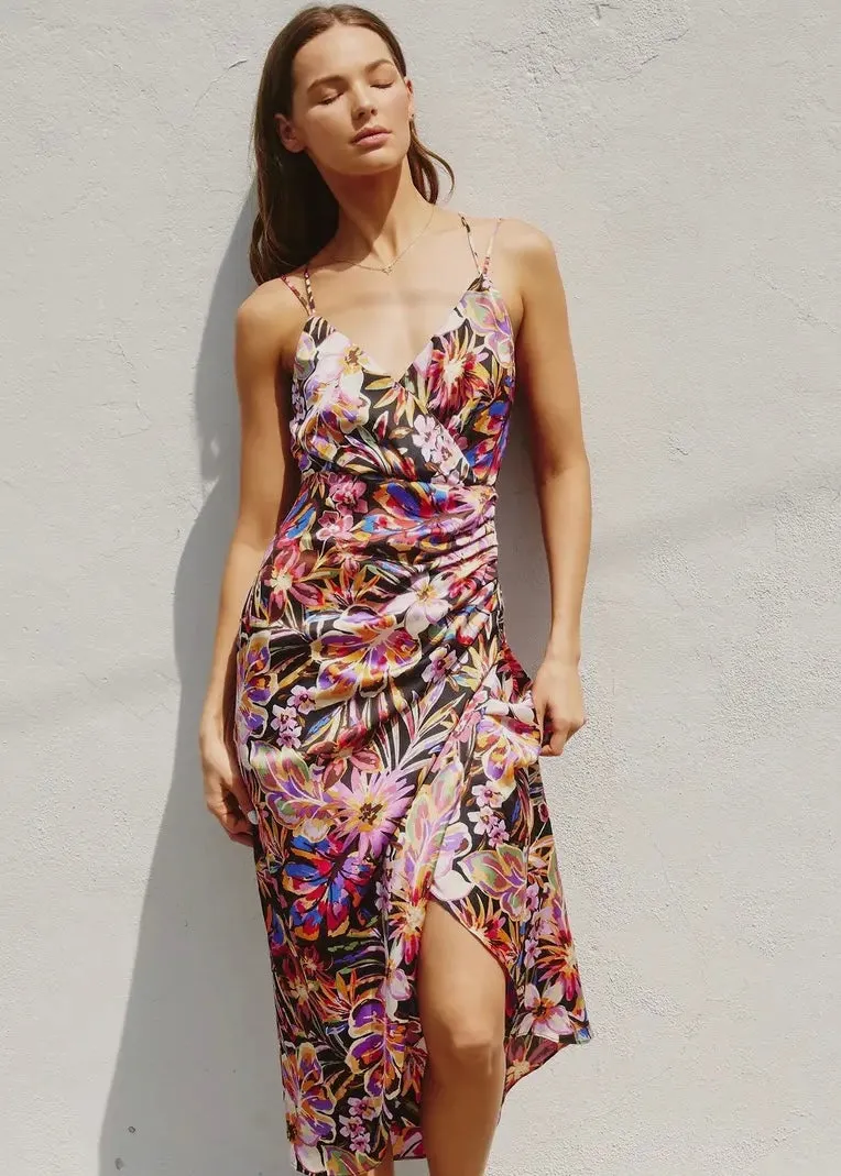 Satin Floral Ruched Midi Dress