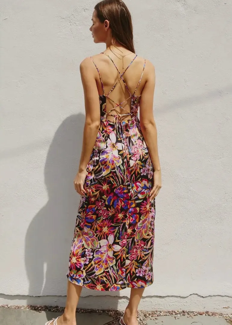Satin Floral Ruched Midi Dress