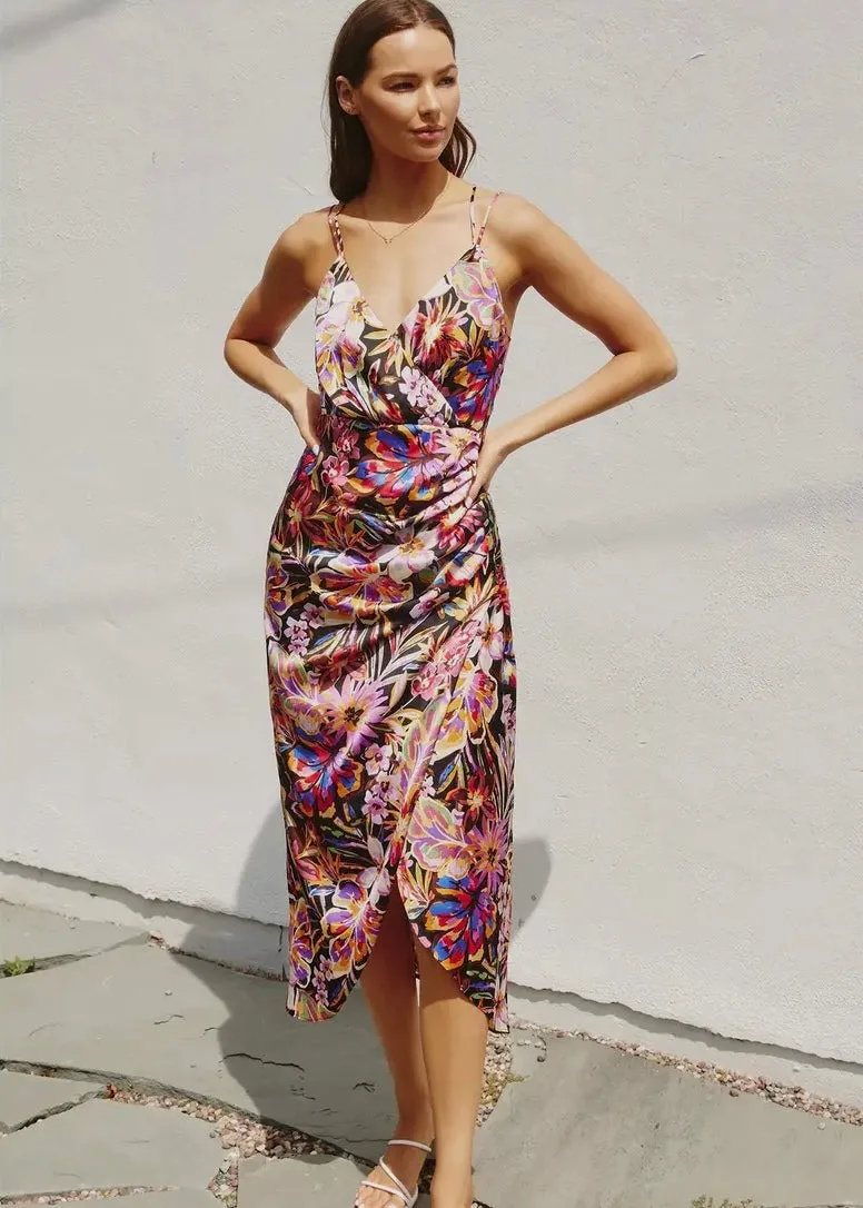 Satin Floral Ruched Midi Dress