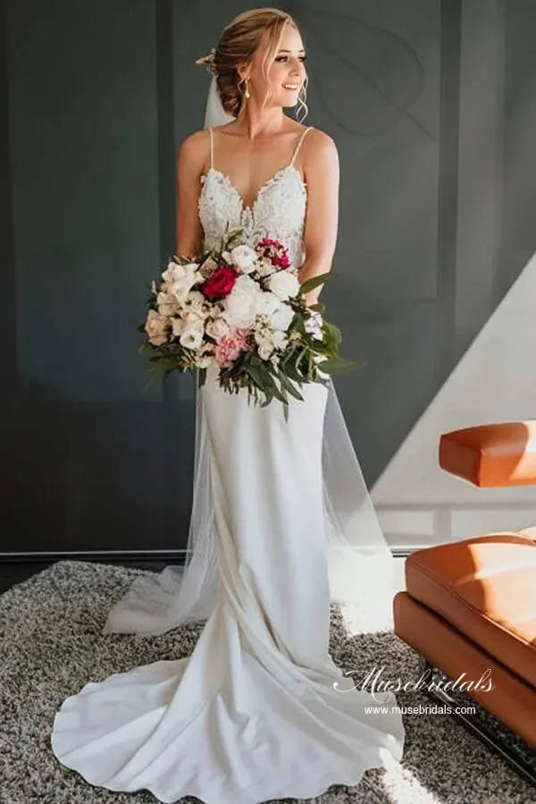 Satin Mermaid V-neck Spaghetti Straps Backless Lace Wedding Dress, MW1037