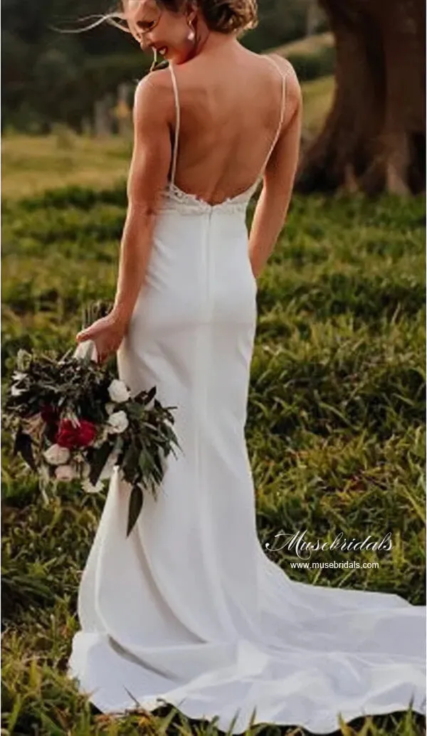 Satin Mermaid V-neck Spaghetti Straps Backless Lace Wedding Dress, MW1037