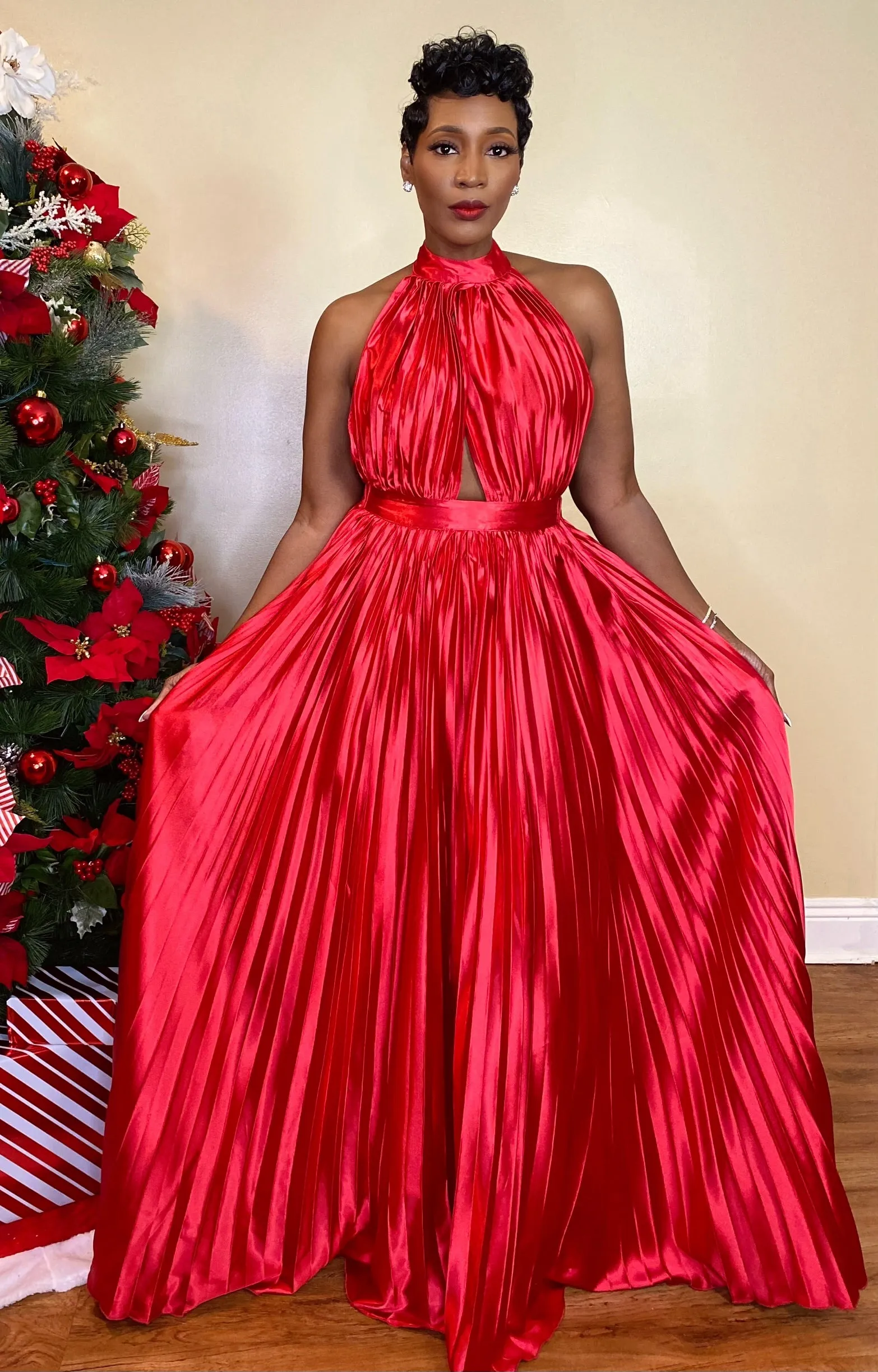 SATIN PLEATED MAXI DRESS