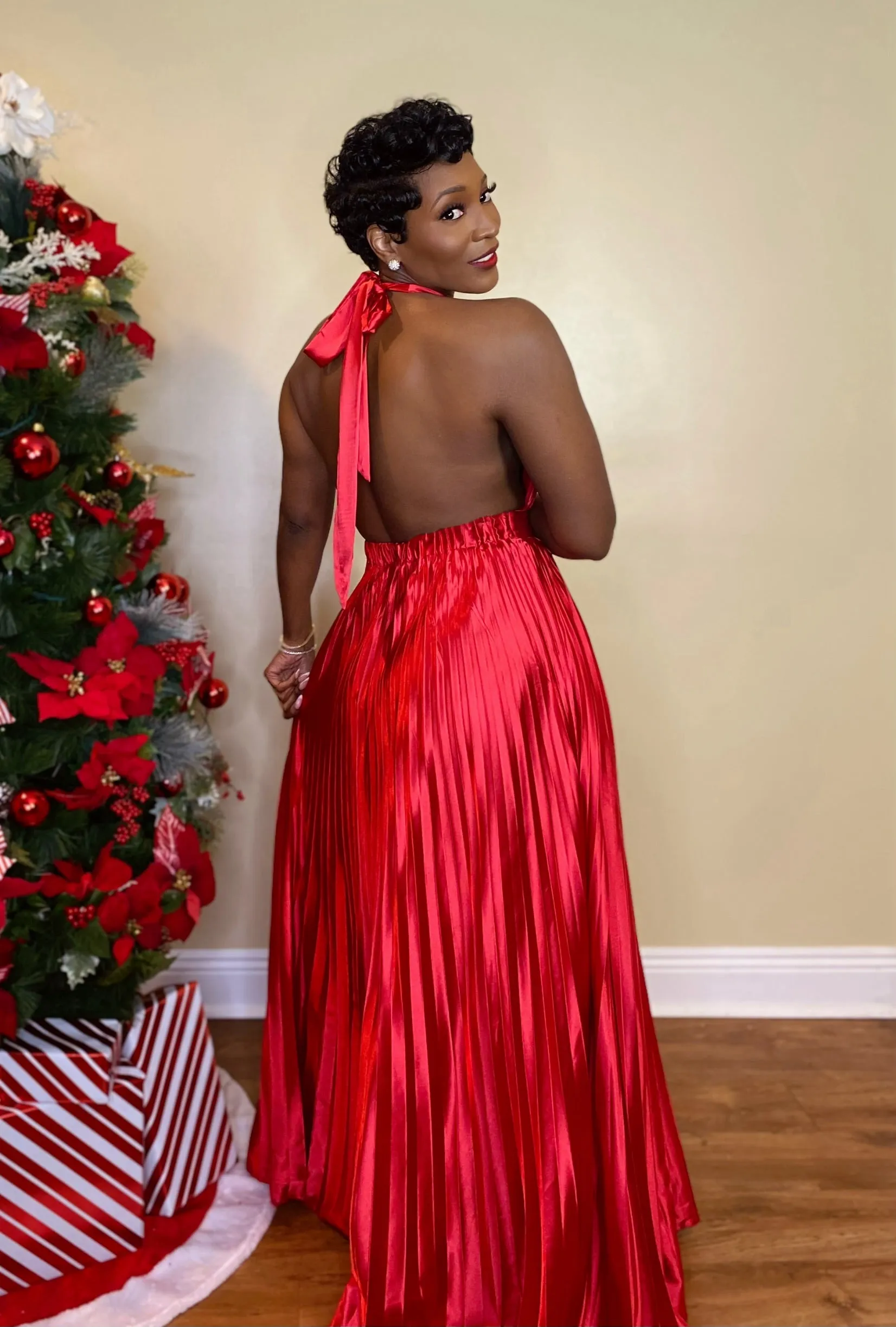 SATIN PLEATED MAXI DRESS