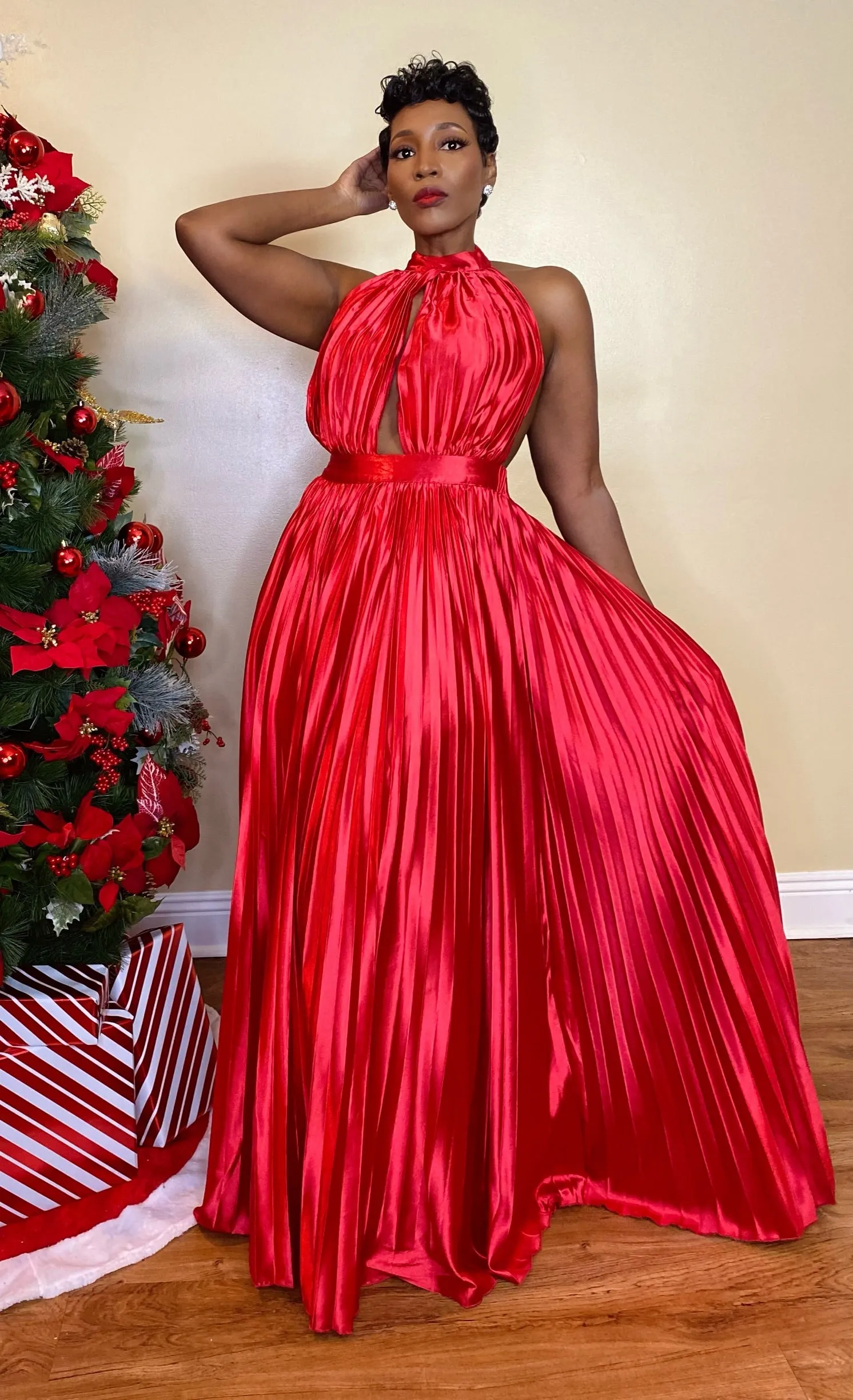 SATIN PLEATED MAXI DRESS