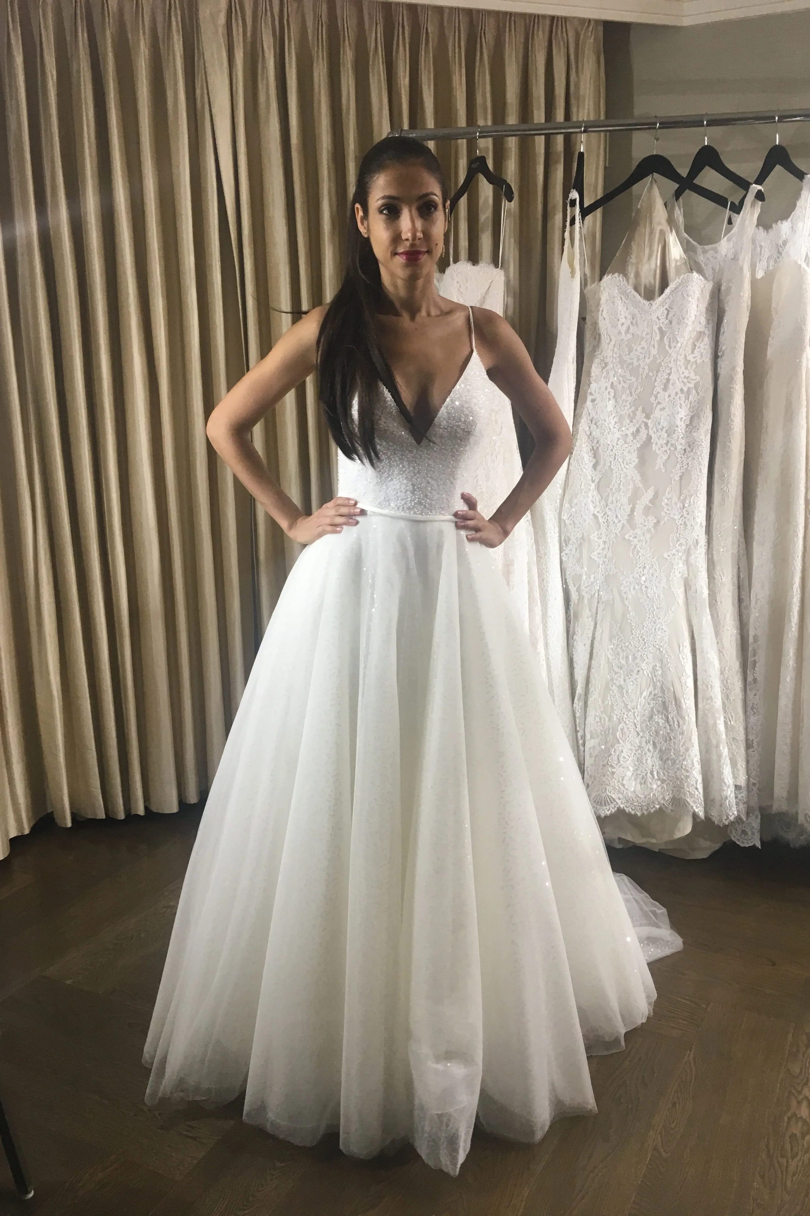 Sequin Tulle Wedding Dresses Crystals Deep V-neck Spaghetti Straps
