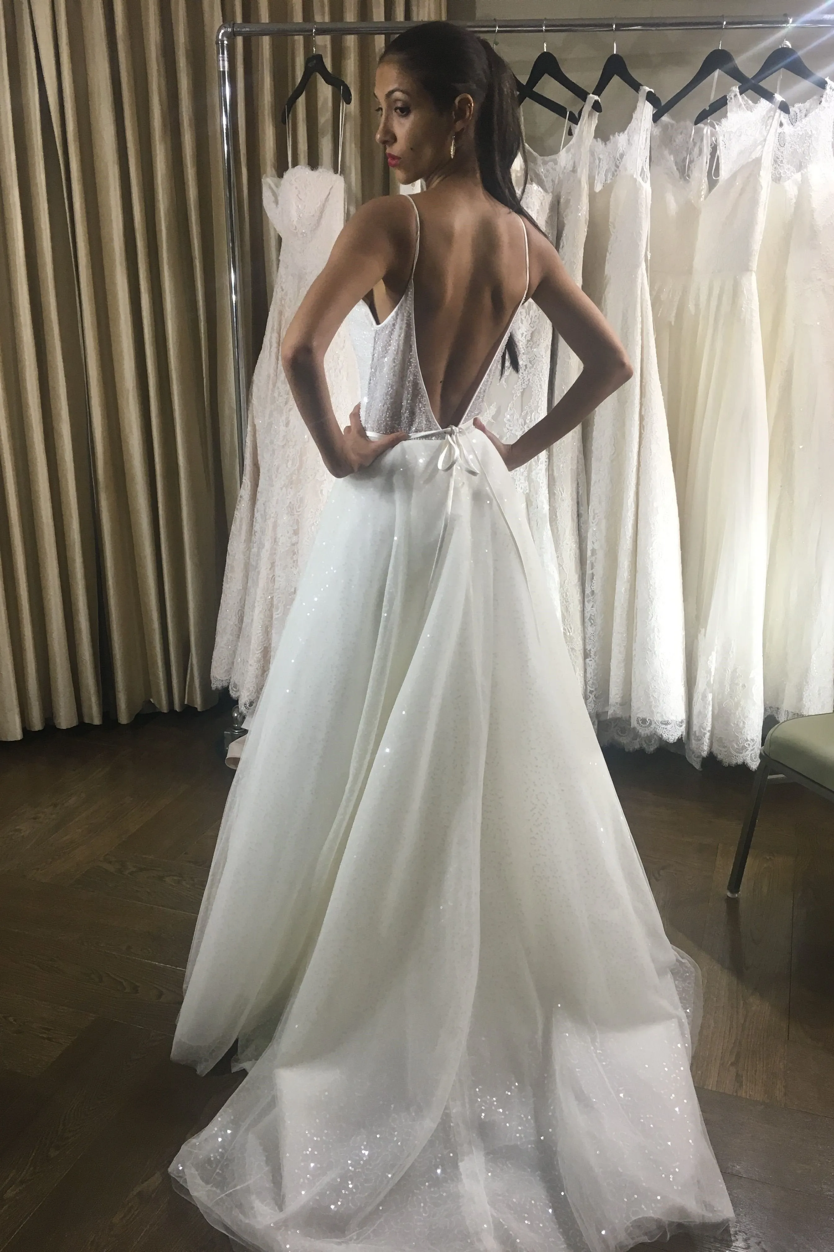 Sequin Tulle Wedding Dresses Crystals Deep V-neck Spaghetti Straps