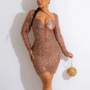 Sequins Halter Long Sleeve Lace Paneled Bodycon Dress