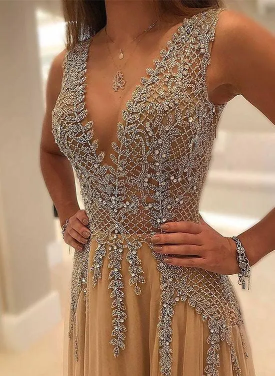 Sexy A Line V Neck Rhinestone Champagne Prom Dress with Slit, V Neck Graduation Dress