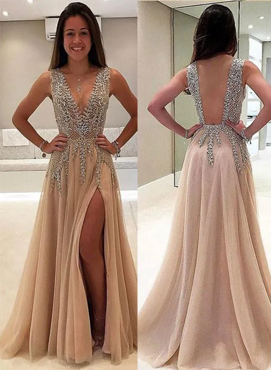 Sexy A Line V Neck Rhinestone Champagne Prom Dress with Slit, V Neck Graduation Dress