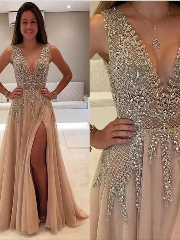 Sexy A Line V Neck Rhinestone Champagne Prom Dress with Slit, V Neck Graduation Dress