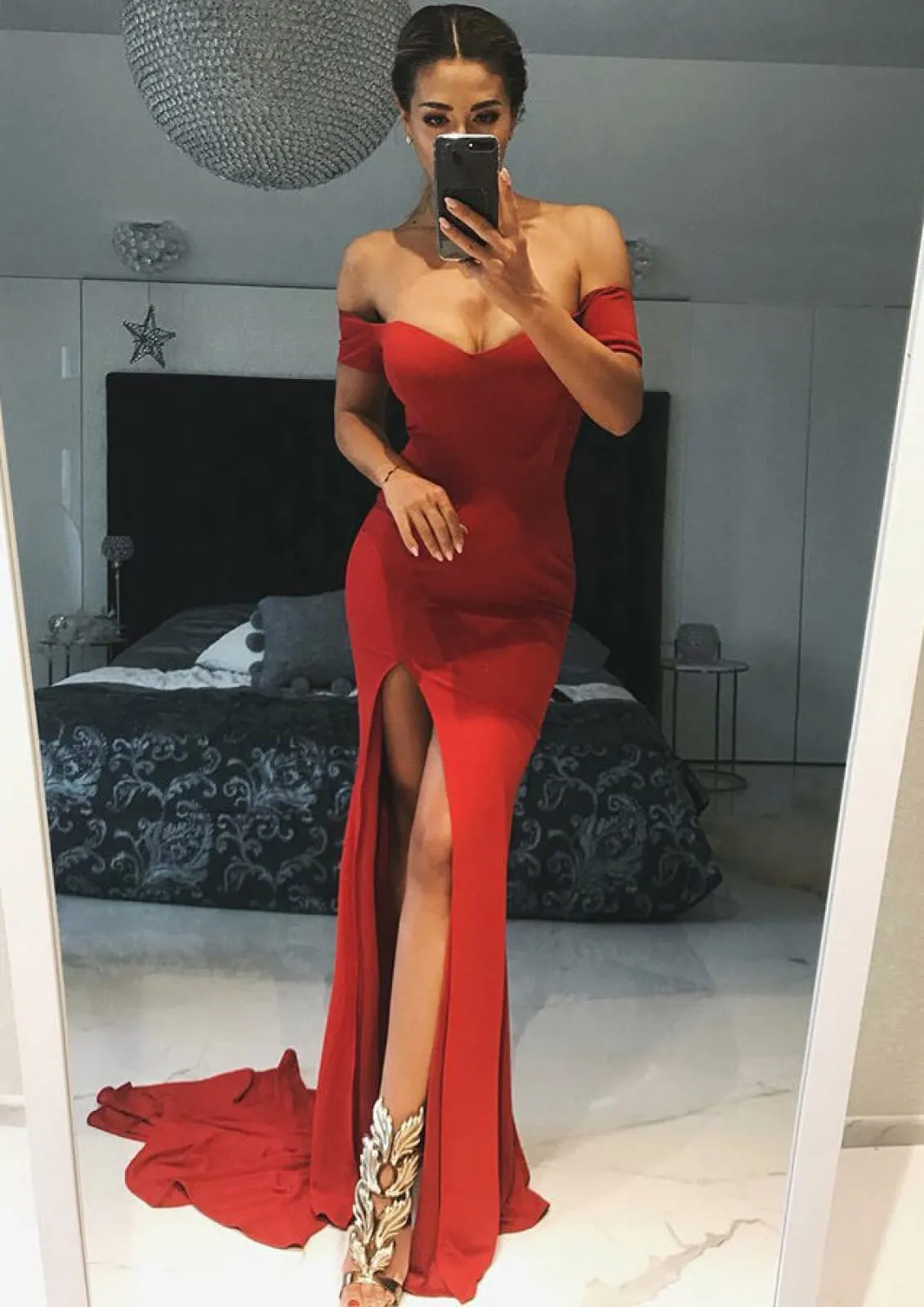 Sexy Off Shoulder Slit Court Red Jersey Mermaid Evening Gown